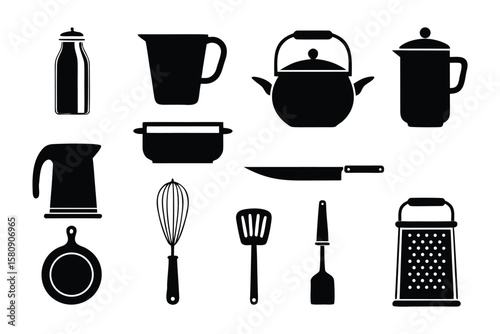 Kitchenware Silhouettes: A collection of kitchen tools captured as sleek, monochromatic silhouettes, presenting a visual guide to culinary essentials with aesthetic simplicity.