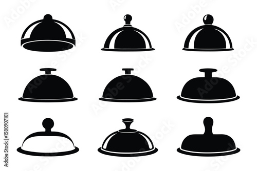 Collection of nine distinct black and white silhouette icons representing various styles of serving cloches or food covers with different handles