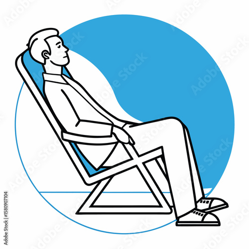 Relaxed fairskinned man lounges comfortably in a stylized chair against a calming blue backdrop