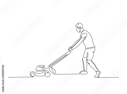 Gardener holding lawn mower in single outline illustration. Continuous line art drawing of man holding grass cutter machine.