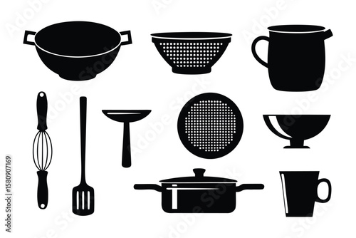 Kitchen Utensil Icons: A collection of sleek, minimalist black silhouette icons of various kitchen utensils, perfect for culinary blogs, recipe websites, or cooking apps.  