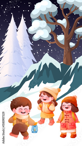 Happy Children walking together in the snow.