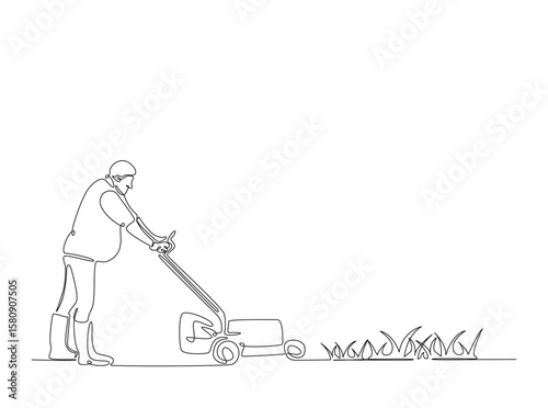Gardener holding lawn mower in single outline illustration. Continuous line art drawing of man holding grass cutter machine.