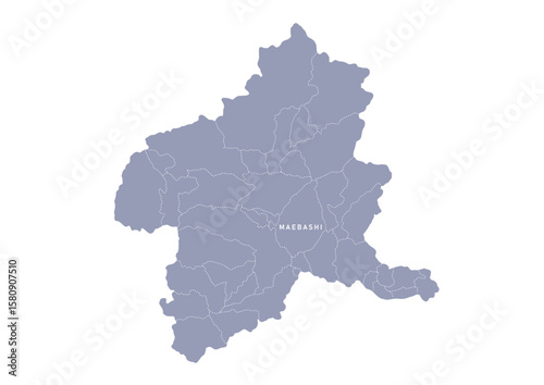 グレー色の日本地図, 群馬県の行政区分付き地図, Gray map of Japan, Gunma prefecture
