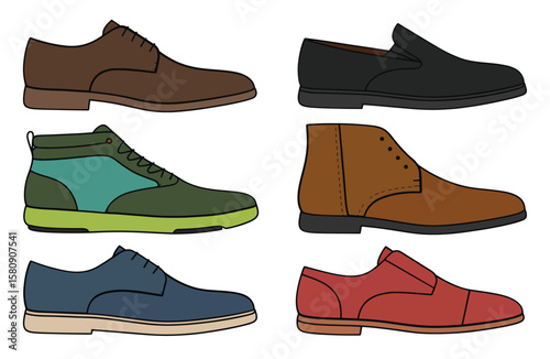 Men’s Dress and Casual Shoe Vector Set – Colored Footwear Icons for Fashion and Apparel Design