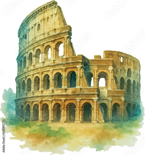 Colosseum Rome Vector Art and Water Color Illustration – Ancient Roman Architecture