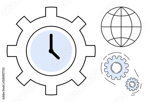 Gear-shaped clock highlighting time management, globe symbolizing global connection, smaller gears representing teamwork, system optimization. Ideal for business, technology, productivity, teamwork
