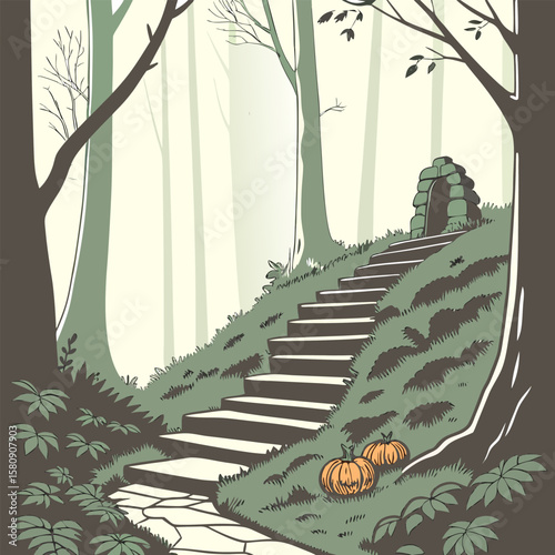 Illustration of stone steps leading up a grassy hill to a stone structure in a forest setting scene