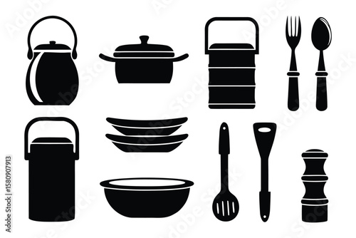 Culinary Essentials: A clean, minimalist collection of kitchen tools and utensils in sleek black, perfectly aligned and ready for culinary creation.