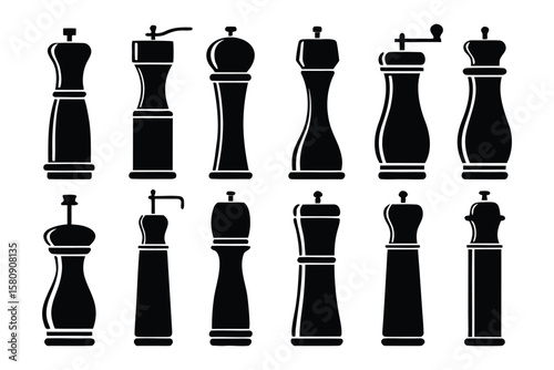 Collection of diverse black silhouette icons representing various styles of pepper mills and salt grinders ideal for culinary design elements