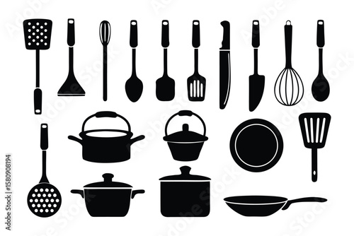 Kitchen Utensil Icons: A collection of essential kitchen utensil icons, perfect for culinary websites, apps, and recipe books.  Includes various cooking tools, pots, and pans.