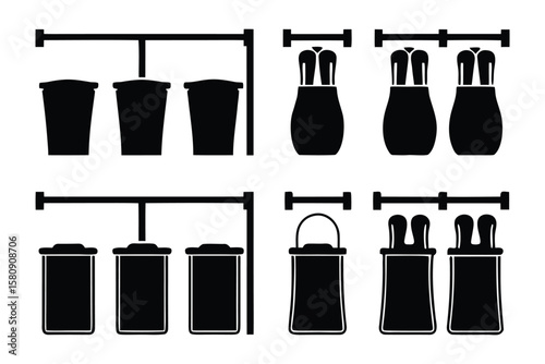 Collection of stylized black and white icons depicting various types of trash cans and waste bins with lids and handles