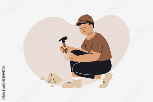 Male Geologist Examining Rock Formation with Hammer During Fieldwork Vector