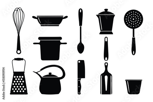 Kitchen Utensil Icons: A collection of essential kitchen utensils, meticulously crafted as sleek black silhouettes against a stark white backdrop, perfect for culinary-themed designs and applications.