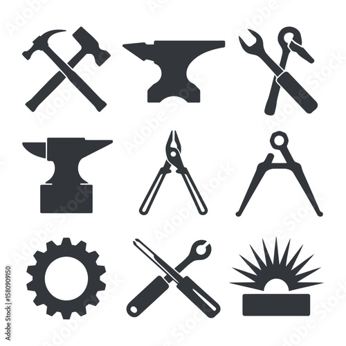 Collection of black silhouetted tools and industrial icons on white background