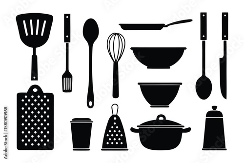 Culinary Essentials: A curated collection of essential kitchen utensils, presented in an illustrative, high-contrast style, perfectly embodies the culinary world.