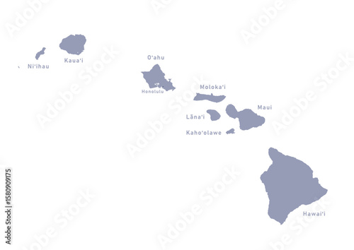グレー色のハワイの地図　（Map of Hawaii islands）
