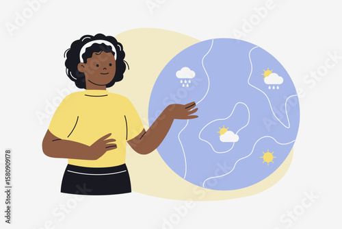 Female Meteorologist Presenting Weather Forecast on Global Map Vector