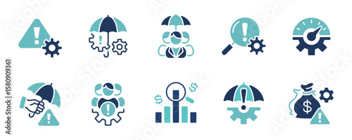 business risk analysis management icon set finance umbrella shield warning alert safety protection signs vector assessment strategy threat level control symbol illustration