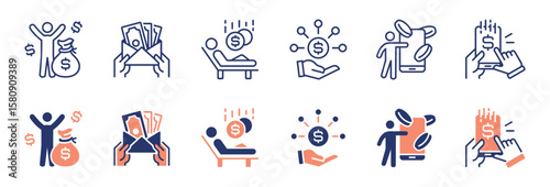 simple finance success profit earning icon line set business passive income commission hand holding salary online paycheck signs vector outline illustration