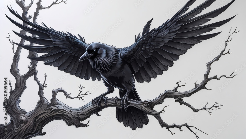 Naklejka premium Detailed Black Crow Tattoo Design with Outstretched Wings – Perched on a Branch with Gothic Elements, Bold Linework and Dark Aesthetic, High-Resolution Illustration on White Background