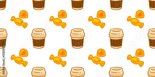 Caramel Coffee Candy Pattern. Seamless pattern with takeaway coffee cups and wrapped caramel candies. Flat cartoon style in warm autumn colors on white background.
