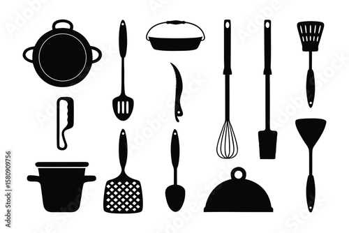 Kitchen Tools Silhouette: This vector image presents a collection of essential kitchen utensils in elegant black silhouettes, perfect for culinary themes, showcasing their shapes and forms.