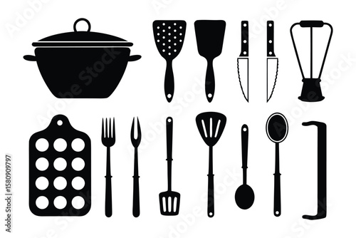 Essential Kitchen Utensils: A comprehensive collection of kitchen utensils, silhouetted against a clean backdrop, embodying the essence of culinary tools.
