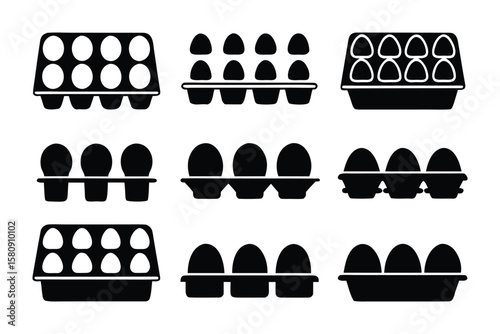 Collection of black and white icons representing various egg carton configurations and egg counts for different packaging needs