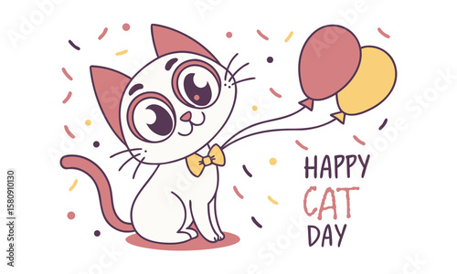 Cute cats and funny kitten doodle vector set. Happy international cat day characters design collection, isolated on white background. International cat day illustration.
