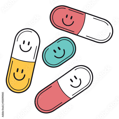 Happy colorful medicine pills are scattered on the background, creating a joyful scene
