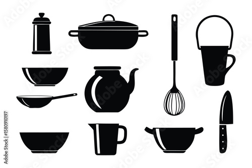 Kitchen Essentials Silhouette: A sleek silhouette arrangement of essential kitchen tools against a neutral backdrop. Including a pot, pan, bowls, jars, teapots, whisk, knife and more.
