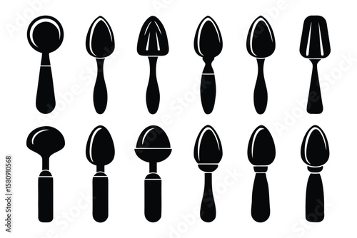 A collection of diverse black spoon silhouettes showcasing various bowl shapes and handle designs against a clean white background
