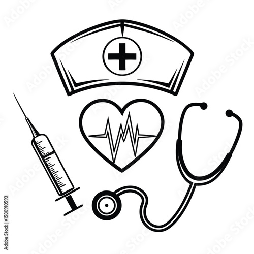 Monochrome nurse cap, heart with heartbeat, stethoscope, and syringe compose a medical themed arrangement