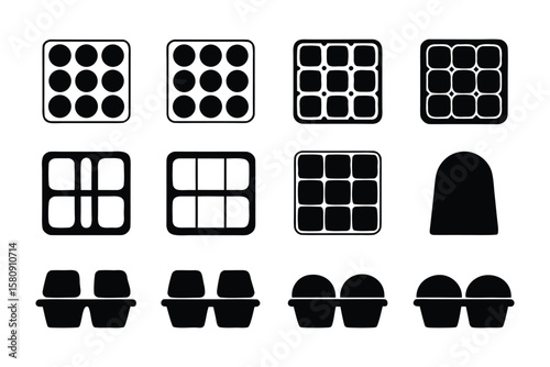A collection of twelve black and white icons representing different types of containers and grids for holding items such as eggs or chocolates