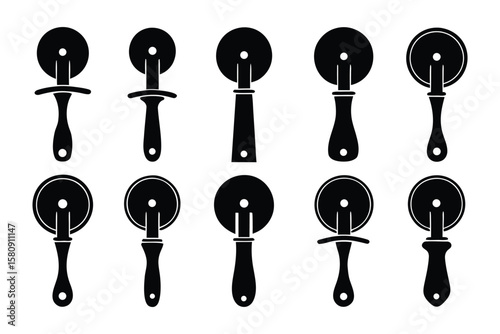Collection of ten black silhouette icons representing various pizza cutters with different handle designs and protective guards on a white background