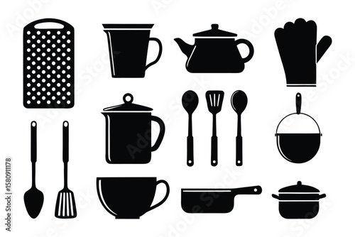 Kitchen Essentials: A collection of essential kitchen tools, meticulously crafted in a minimalist black-and-white style, providing a visually clean and modern representation of culinary implements. 