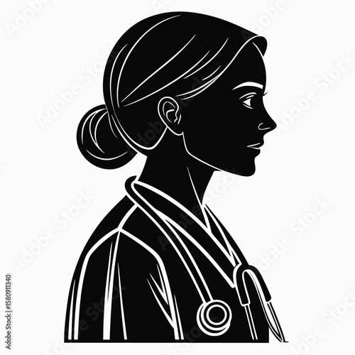Silhouette of a confident female doctor with stethoscope looking ahead, black and white image