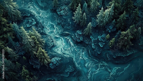 Aerial view of a mystical forest with winding river