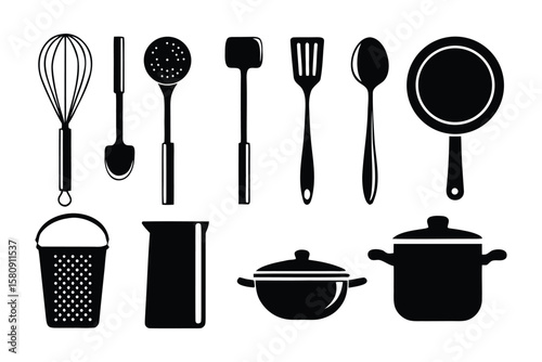 Culinary Ensemble: A captivating, meticulously composed collection of essential kitchen utensils, a symphony of culinary tools, each awaiting its role in a creative culinary creation.