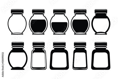 Collection of ten black and white simple outline icons representing various glass jars and bottles with lids some filled with liquid