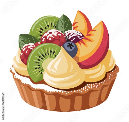 Flat vector illustration of a mini fruit tart topped with kiwi, peach, raspberry, blueberry, whipped cream, and mint leaves. Colorful dessert icon on white background. Bakery, pastry, sweet food.