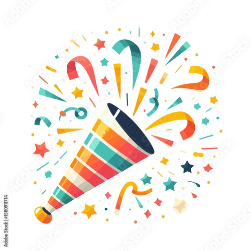 festive, vibrant illustration of a party popper bursting with colorful confetti and streamers, ideal for websites or blogs celebrating birthdays, anniversaries, holidays, successes, or special events.