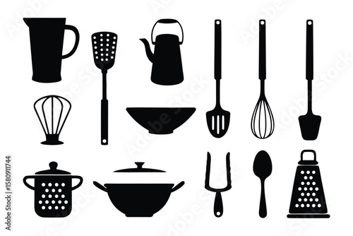 Kitchen Utensil Icons: A collection of essential kitchen tools and cookware, elegantly rendered in black silhouettes against a white background.  These versatile icons are perfect for recipe blogs.