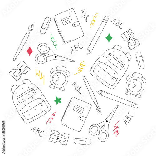 Funny round composition with Back to school composition. Vector background in doodle style