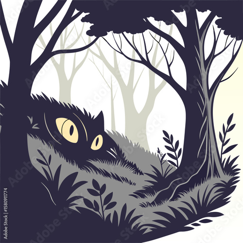 A dark creature with glowing eyes peeks out from behind foliage in a stylized forest scene design