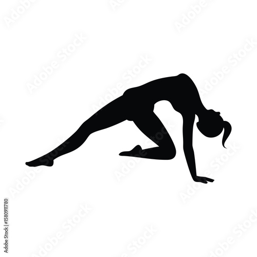 Black silhouette presents a woman doing a yoga pose while stretching her back transparent background