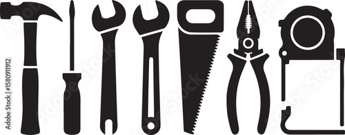 Black graphic design tools hammer screwdriver wrench saw pliers tape measure