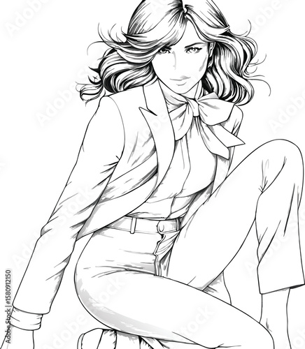 Illustrated woman in a blazer presents a sophisticated, manga-style character with flowing hair and a confident pose on white.