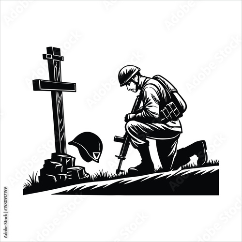Soldier kneeling in respect at a grave marked by a cross and helmet